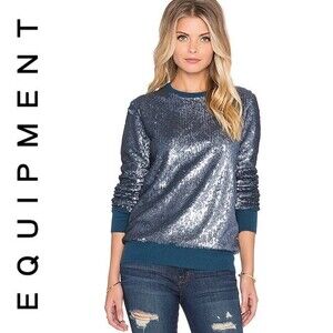 NWT Equipment Shane All-Over Sequins Metallic Sparkly Sweater Blue M Mermaidcore